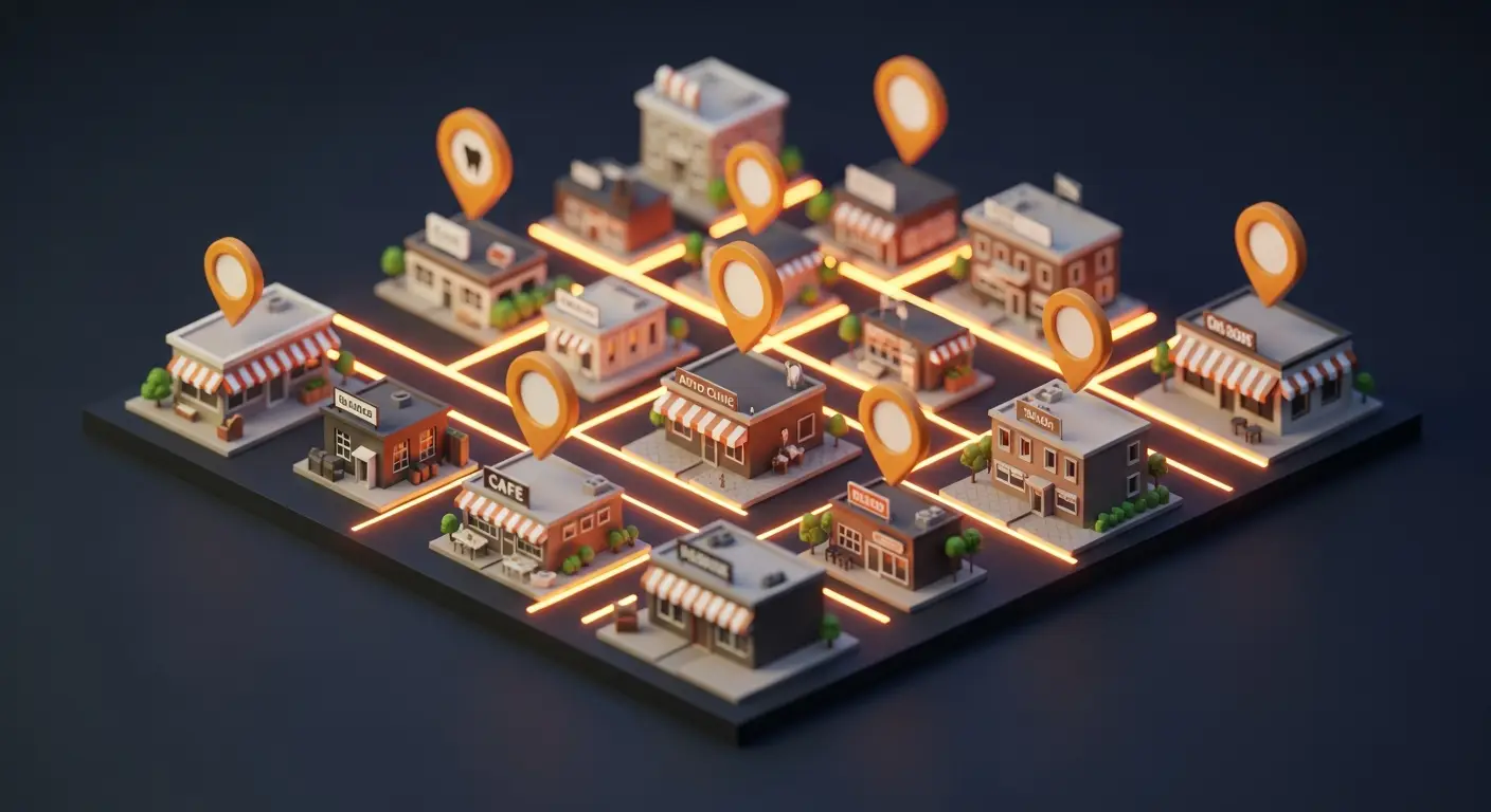 Local SEO map of small businesses connected by Google Maps ranking pins