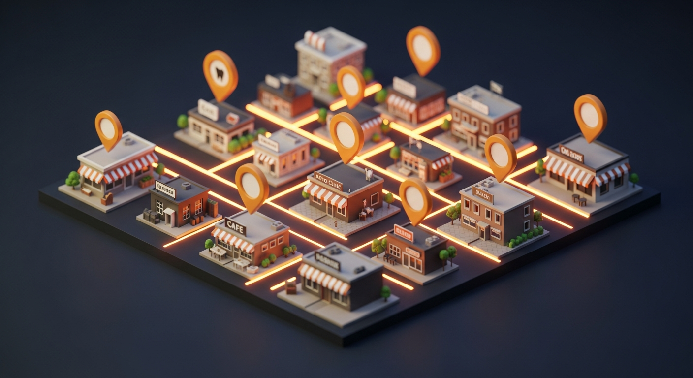 Local SEO map of small businesses connected by Google Maps ranking pins